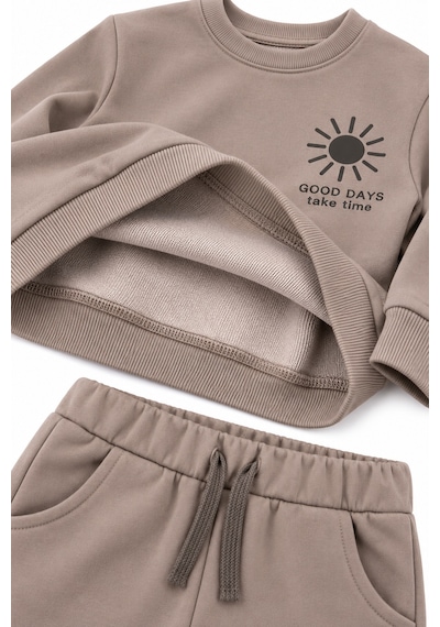 Luess Erkek Çocuk Sweatshirt Pantolon Eşofman Takımı 3 İplik Şardonsuz - Vizon Sütlü Kahve