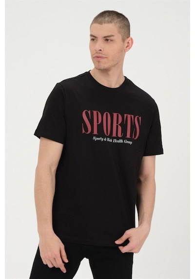 Rich Erkek Siyah Basic T-shirt Baskılı Slim Fit %100 Pamuk Tişört SIYAH