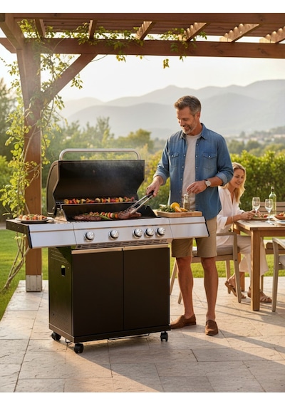 Gazlı Barbekü Mangal 4+1 Brülörlü Döküm Izgaralı 136x54x115 Cm Çelik