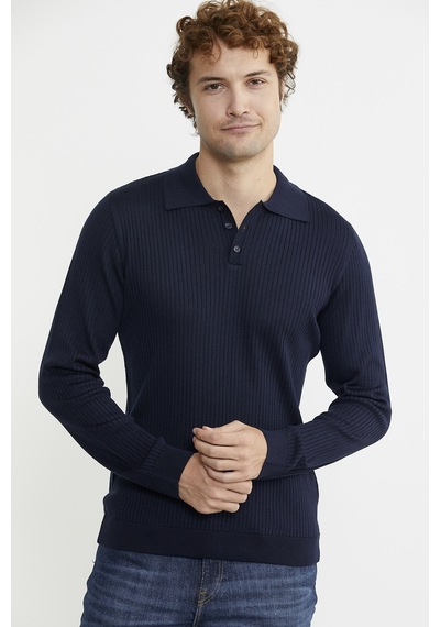 Sementa Polo Yaka Fitilli Triko Kazak - Lacivert 001