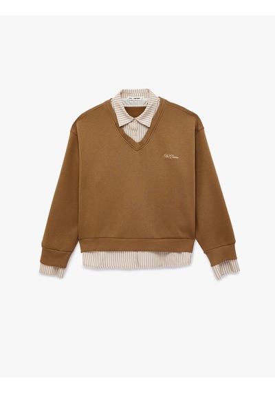 Koton Şardonlu Uzun Kollu Gömlek Yaka Rahat Kalıp Nakışlı Sweatshirt Vizon 6sal10558ık