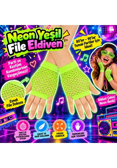 Ren.ga.renk 80 90 Lar Retro Neon Yeşil File Parmaksız Kısa Eldiven 11 Cm Rengaren Diğer