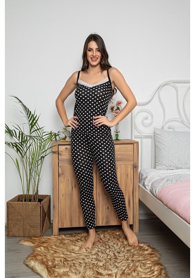 Myben Kadın Siyah Renkli Puantiyeli Dantel Detaylı Şortlu Ve Taytlı Pijama Takımı 3'lü Set 75004 Siyah