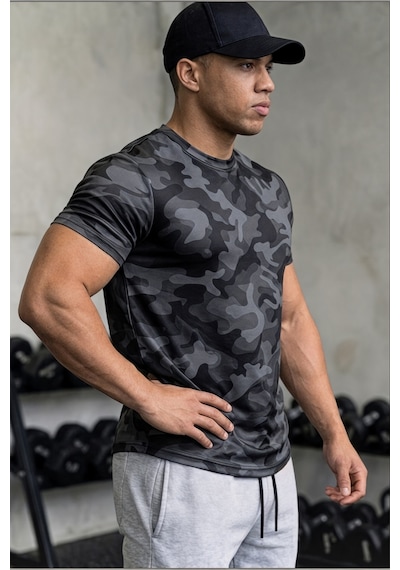 Serablanka Erkek Nem Emici Hızlı Kuruma Atletik Teknik Kamuflaj Desenli Spor T-shirt Siyah