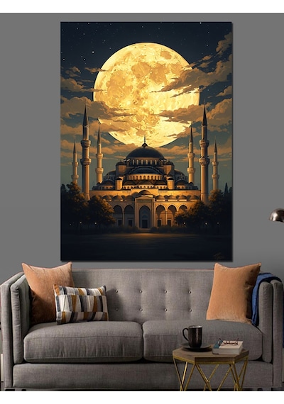 Ahşap Tablo Gece Dolunay Altında Camii Görseli İnsan Figürlü Tablolar