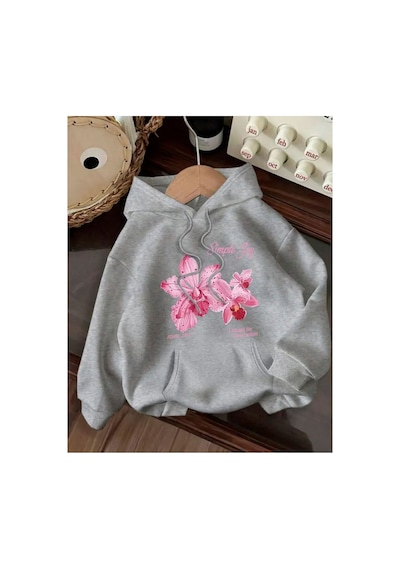 Herkesemoda Simple Joy Baskı Detaylı İçi Polarlı Kapüşonlu Sweatshirt Gri