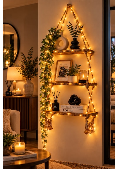 Modern Doğal 2 Katlı Ahşap Halatlı Dekoratif Duvar Rafı, Kitaplık , Çiçeklik, Retro Hasır Ipli Ahşap Vernikli , Peri Led Hediyeli -