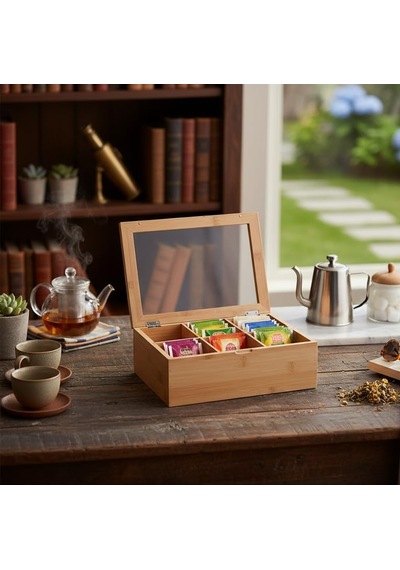Deconox Bambu 6 Bölmeli Çay Kutusu -%100 Orjinal Bambu Mıknatıslı Kapak 21x16,5 X7cm Sku: Smg8690010173515 Açık