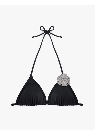 Koton Aksesuar Gül Detaylı Boyundan Bağlamalı Üçgen Bikini Üstü Siyah 6sak10168mm