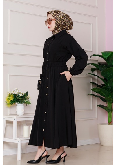 Sevitli Beli Lastik Detaylı Yasemin Elbise-siyah-4817 Siyah