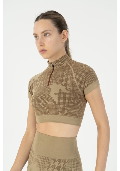 Maraton Slimfit Kadın Bisiklet Yaka Vizon Crop Top Vizon