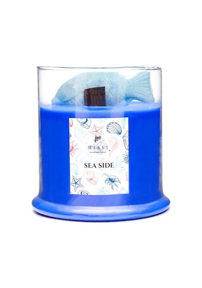 Büyük Üfleme Cam Balık Dekorlu Saks Mavisi Ocean Breeze Kokulu Vegan Mum 380 Gr