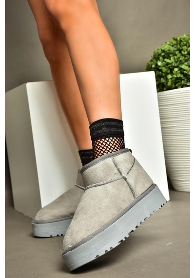 Fox Shoes R612033402 Süet İçi Tüylü Kalın Tabanlı Yarım Kadın Bot Gri