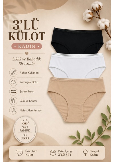 Nicoletta Kadın Külot 3 Lü Paket Likralı Pamuklu Beli Geniş Çok Renkli