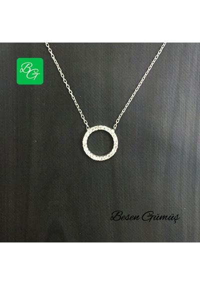 Taşlı Yuvarlak Kolye Rose - Gold -  Gümüş