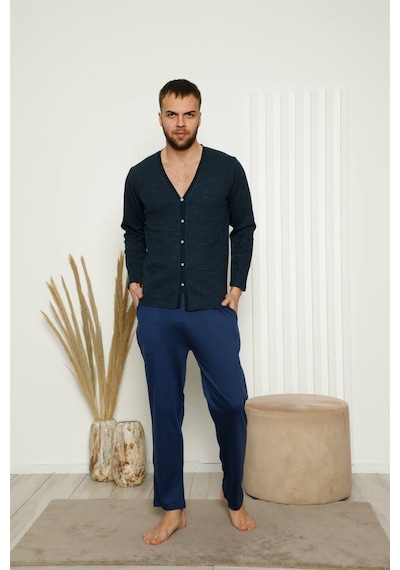 Akbeniz Erkek %100 Pamuk Önden Düğmeli Cepli Uzun Kollu Pijama Takımı 6768 Lacivert