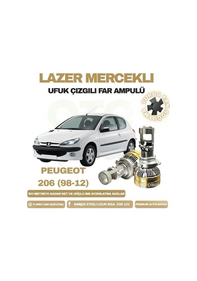 Peugeot 206 1998 - 2012 Mercek Led Ufuk Çizgili Far Ampulü Led Şimşek Etkili