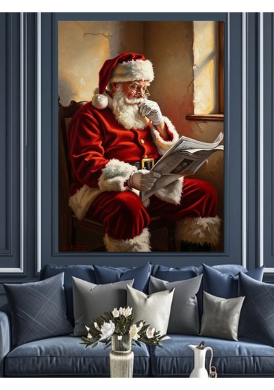 Gazete Okuyan Nostaljik Noel Baba Dekoratif Kanvas - Mdf Ahşap Tablo