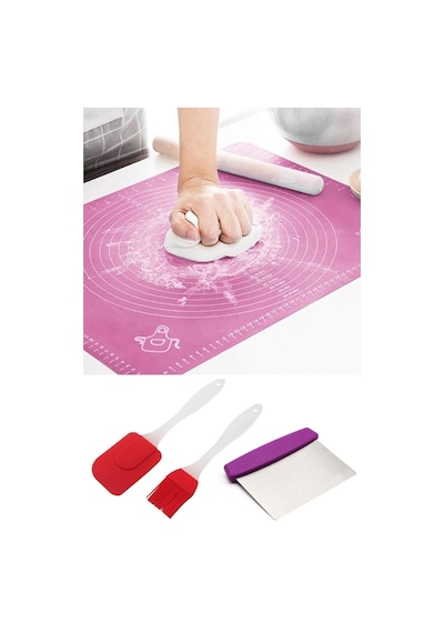 Hamur Açma Matı + Çelik Hamur Kesme Spatulası + Silikon Yumurta Fırçası Ve Spatula 2'li Set Çelik Diğer