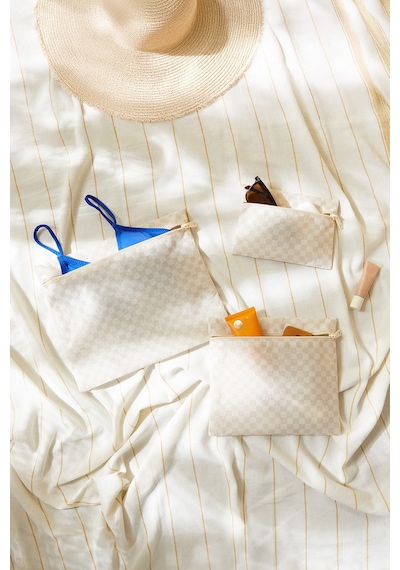 Ocean Home Textile 3'lü Su Geçirmez Pvc Astarlı Bej Dama Desen Islak Kuru Çantası 20 X 13 / 24 X 20 / 30 X 24 Cm