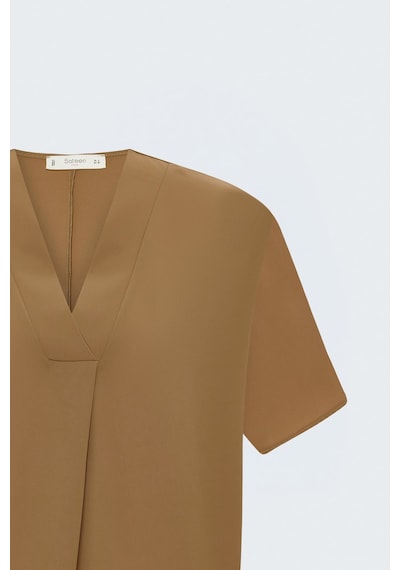 Sateen Geniş Kısa Kollu Bluz - Camel-137796