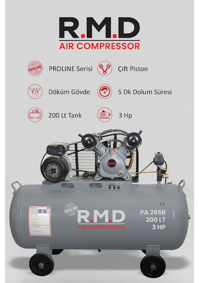 R.m.d Kompresör Hava Kompresörü Pistonlu 200 Lt 2 Kafa 8 Bar 3 Hp I Pa265b