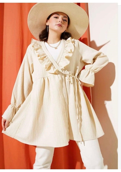 Lovie Moda Kadın Yaka Fırfırlı Kimono Bej