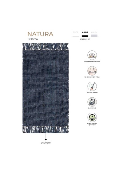 Natura El Dokuma Jüt Bohem Tarz Otantik Salon Oturma Odası Koridor Yatak Odası Lacivert Halı 00022a Lacivert