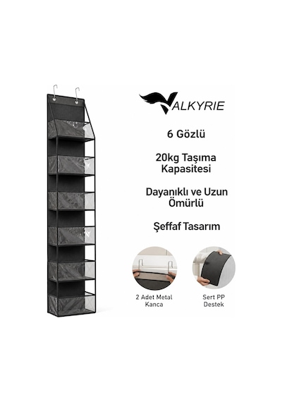 Valkyrie Kapı Arkası Organizer 6 Gözlü Askılı Dolap Düzenleyici Çok Amaçlı Kapı Arkası Raf Siyah
