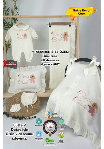 Gros Shop Müslin Yeni Doğan 4katlı Organik %100pamuk Kişiye Özgü Nakışlı Hastane Çıkış Seti Tavşan Model-3 Ekru-1