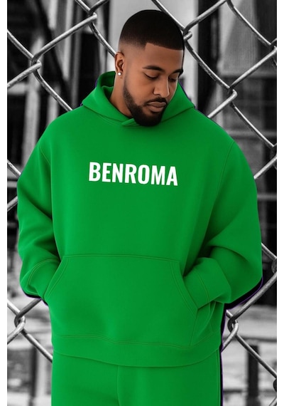 Benroma 3 İplik Penye Baskılı Büyük Beden Sweatshırt Yeşil