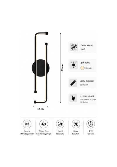 AvizeGO Noka Modern Led Duvar Apliği Günışığı Siyah