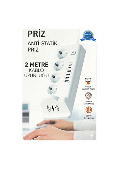 Akım Korumalı Priz Ve Masaüstü Şarj İstasyonu Kablosuz 4 Priz,4 Usb, 2 Type-c Girişli 2 Metre Standart