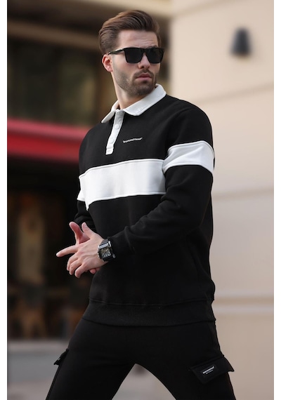 Madmext Siyah Polo Yaka Renk Bloklu Erkek Sweatshirt 7072 Siyah
