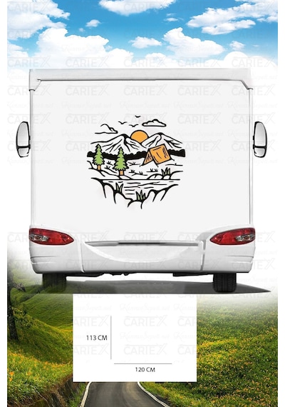 Karavan Kamp Baskı Sticker - Ağaç Sticker - Güneş Ve Kuş Sticker - 120x113 Cm