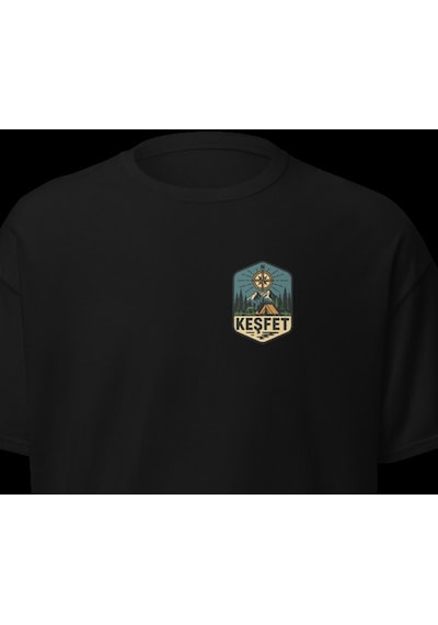 Wildstyle Keşfet Renkli Vintage Dağ Doğa Macera Kamp Rozet Baskılı Unisex Bisiklet Yaka Pamuklu Tişört Siyah
