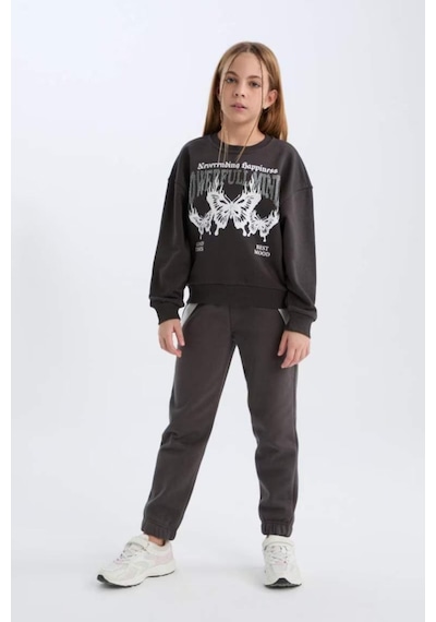 Defacto Oversize Geniş Kalıp Bisiklet Yaka Baskılı Sweatshirt Kız Çocuk D4386A824WN Antrasit