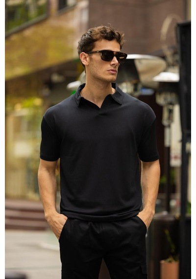 Glasses V Yaka Oversize Fitilli T-shirt - Siyah Siyah