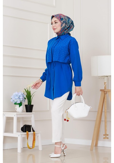 Sevitli Beli Bağcıklı Allerli Taşlı Tunik-mavi-5221 Mavi