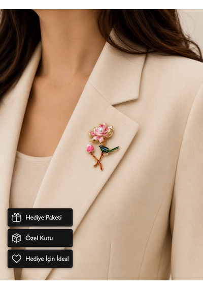 Pembe Lotus Ve İnci Detaylı Kuş Figürlü Kadın Broşu Şık Hediye Aksesuarı Açık Gri