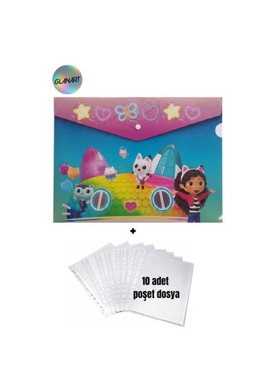 A4 Boy Çıt Çıt Ödev Dosyası +10' Lu Poşet Dosya Gabby'nin Hayal Evi Çok Renkli