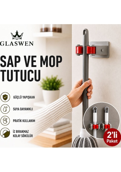 2 Adet Paspas Süpürge Fırça Ve Mop Askısı Sap Tutucu Mutfak Banyo Askı Yapışkanlı Düzenleyici Askılık Gri