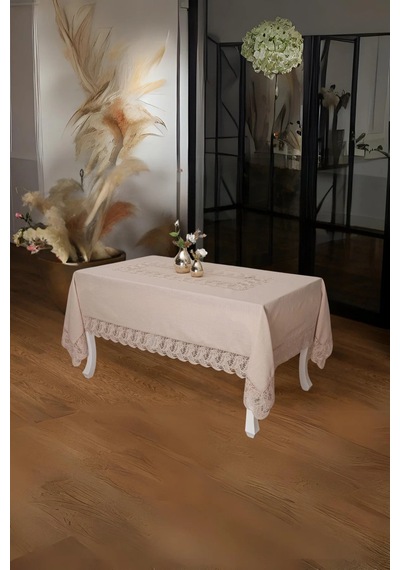 Narin Lüx Dantelli Keten Kumaş Bej Masa Örtüsü 160x230 Cm - 1125 Çok Renkli