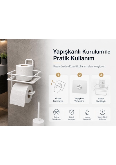 Yapışkanlı Beyaz Tuvalet Kağıtlığı, Yedek Rulo Hazneli Wc Kağıtlık, Duvar Tipi Banyo Tuvalet Kağıdı Askısı, Delmeden Kolay Kurulumlu Banyo Düzenleyici Diğer