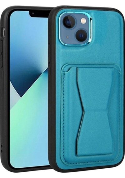 Apple Uyumlu iPhone 13 Kılıf Kartlıklı Standlı Pu Deri Zore Memo Kapak Mavi