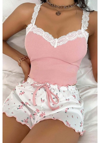 Merry See Çiçek Desenli Dantel Askılı Şortlu Pijama Takımı