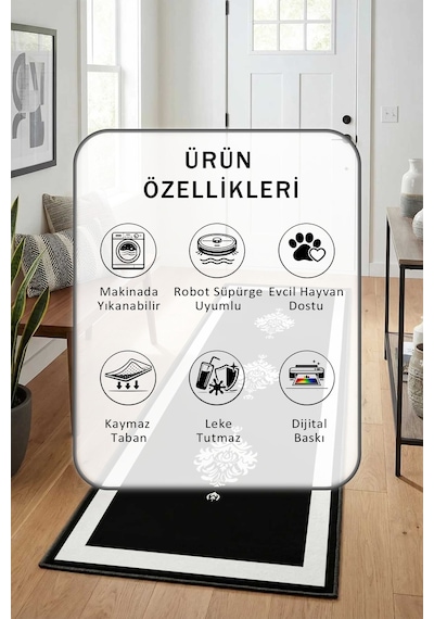 Black Punto Tek Çerçeve Siyah Beyaz Yıkanabilir Yolluk Beyaz - Siyah