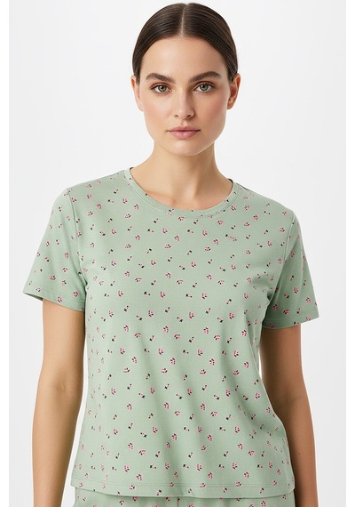 Kompedan Kadın Bisiklet Yaka Yumuşak Dokulu Çiçek Desenli Kısa Kol Pijama Takım Mint 70132-142