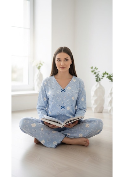 Divinus Panda Desenli Bayan Pijama Takımı mavi