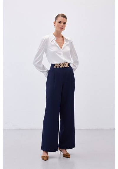 Sateen Kemerli Salaş Pantolon - Lacivert-136534 Lacivert